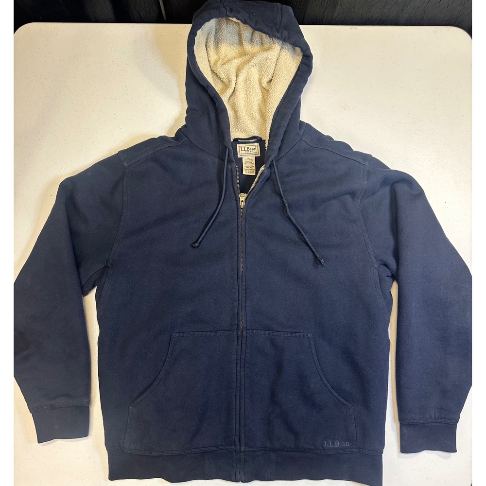 LL Bean Navy Blue Sherpa Lined Full Zip Hoodie Sweatshirt Medium 285369